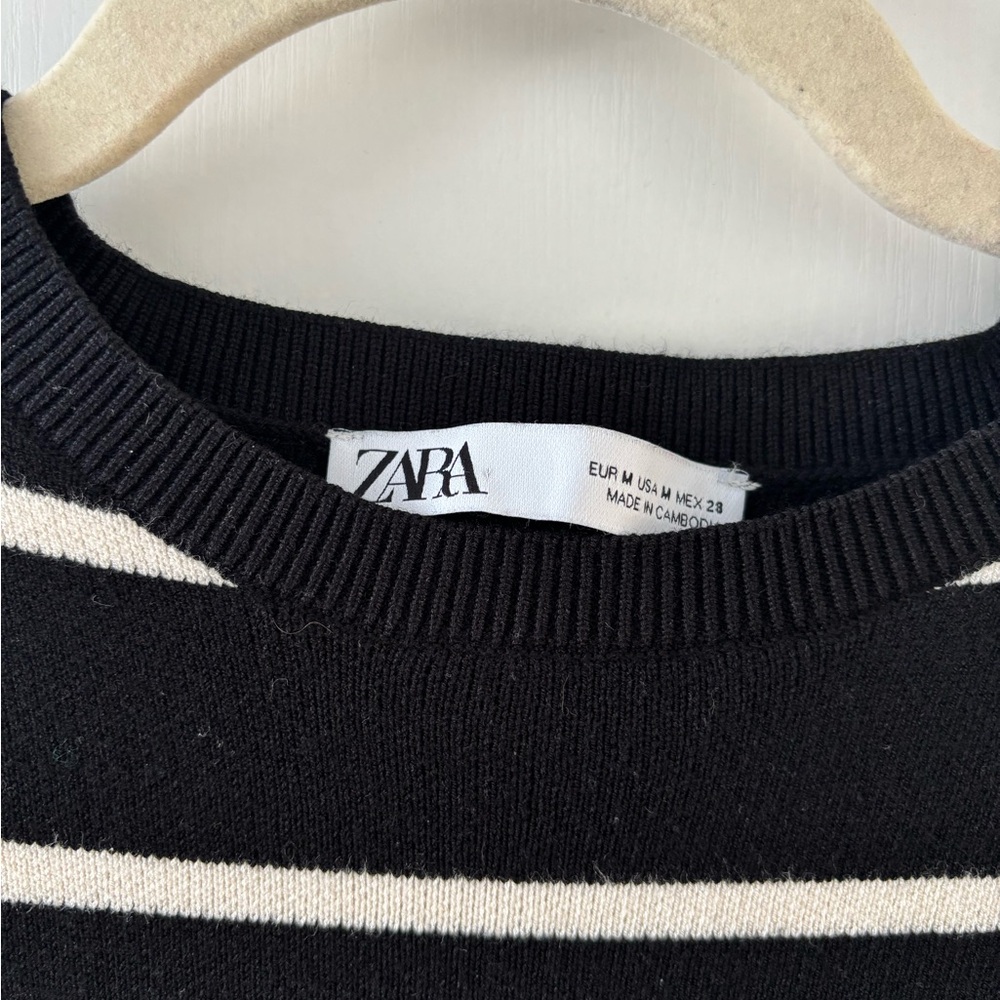 Zara Black Cream Striped Heavy Knit Sweater Dress M Minimalist Preppy Midi Soft - Picture 3 of 9